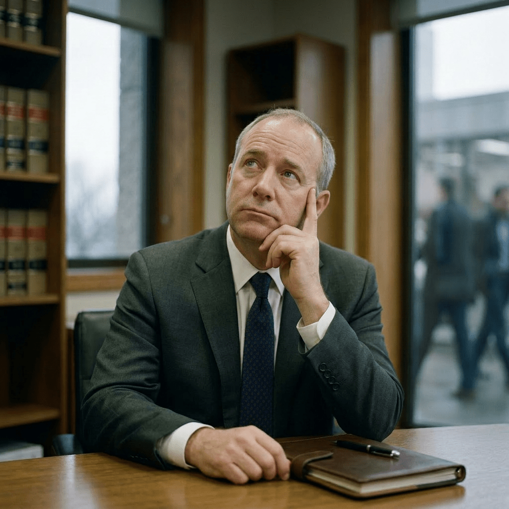 Middle-aged man in business suit sitting at desk with a leather notebook and pen, resting his chin on his hand