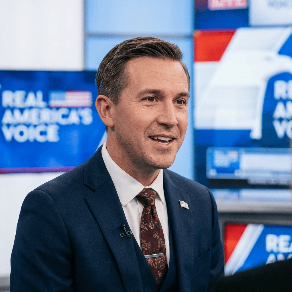 Man in suit speaking on Real America's Voice news set